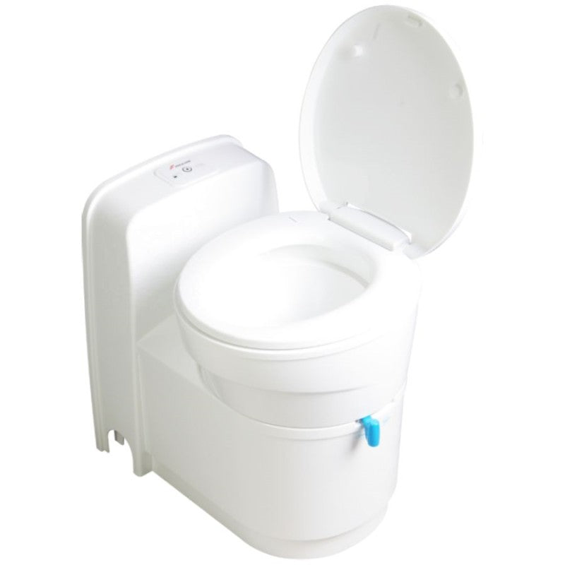 FREUCAMP Swivel Cassette Toilet complete with exterior door, lightweight PP material, wheels, and retractable handle.