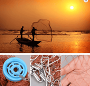 Frisbee Style 6FT x 1-00 Inch AM Style Cast Net in use by anglers at sunset over water.
