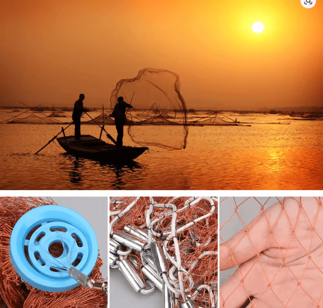 Frisbee Style 6FT x 1-00 Inch AM Style Cast Net in use by anglers at sunset over water.