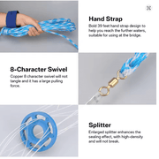 Hand strap, 8-character swivel, and splitter features of Frisbee Style 6FT x 1-00 Inch AM Style Cast Net.
