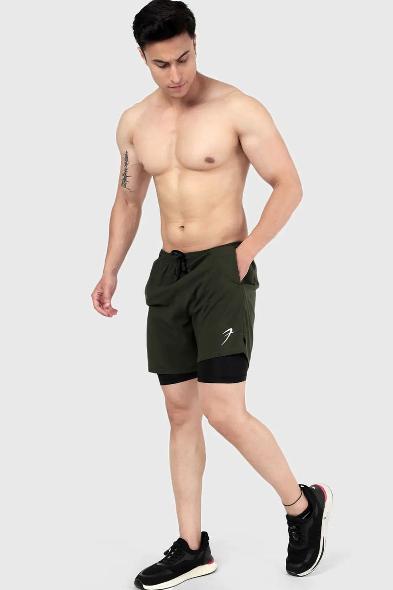 2 in 1 Compression Shorts Olive by Fuaark Nz