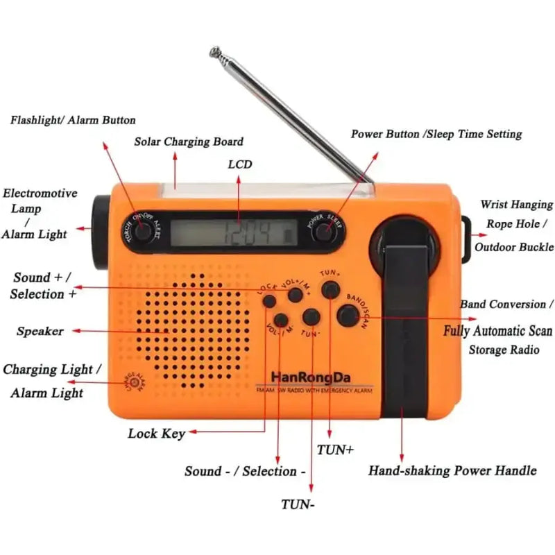 Full Band AM/FM/SW1/SW2 Radio, Torch, Solar Panel & Hand Crank - Power Bank by Habicare