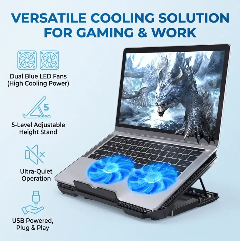 Gaming Laptop Cooling Pad with Dual Silent Fans & Adjustable Height by techplus
