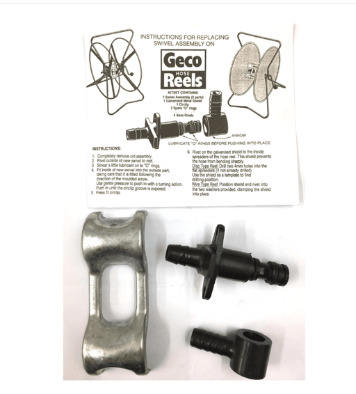 Geco Hose Reel Spare Gland Fitting components with assembly instructions and replacement parts.