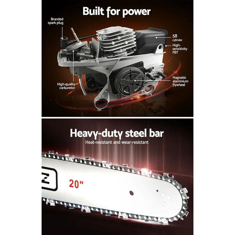 SportZone.co.nz Tools > Industrial Tools Giantz 62CC Petrol Chainsaw 20” Bar Commercial E-Start Tree Cutting Saw Giantz 62cc Petrol Chainsaw E Start 20 Inch Bar