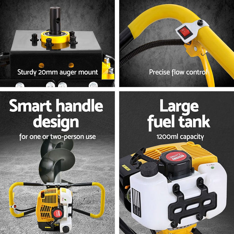 Giantz 74cc Post Hole Digger With 300mm Auger Extension Bits
