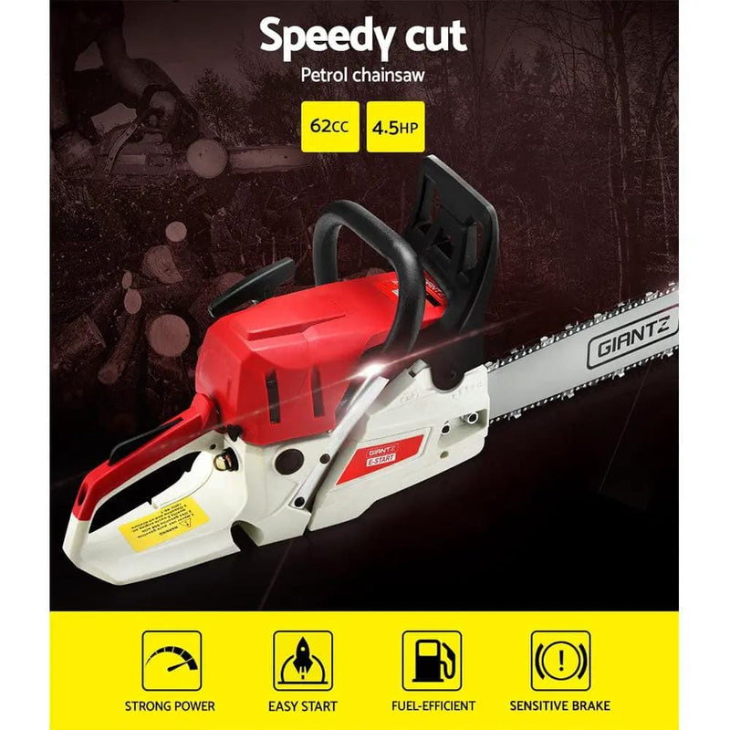 SportZone.co.nz Tools > Industrial Tools Giantz 62cc Petrol Chainsaw With 20 Inch Bar And E Start Giantz 62cc Petrol Chainsaw E Start 20 Inch Bar