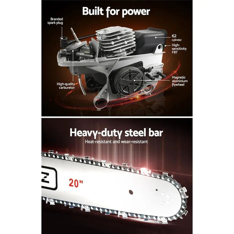 SportZone.co.nz Tools > Industrial Tools Giantz 62cc Petrol Chainsaw With 20 Inch Bar And E Start Giantz 62cc Petrol Chainsaw E Start 20 Inch Bar