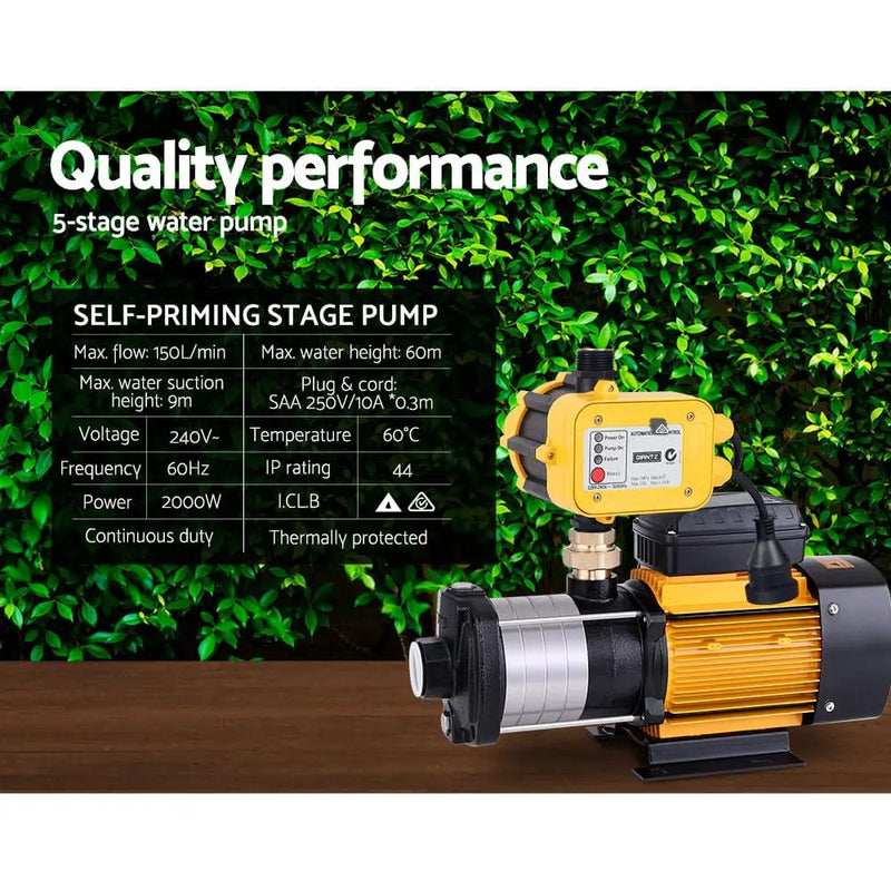 Giantz Garden Water Pump High Pressure 2000W 5-Stage Tank Irrigation Yellow by SportZone.co.nz