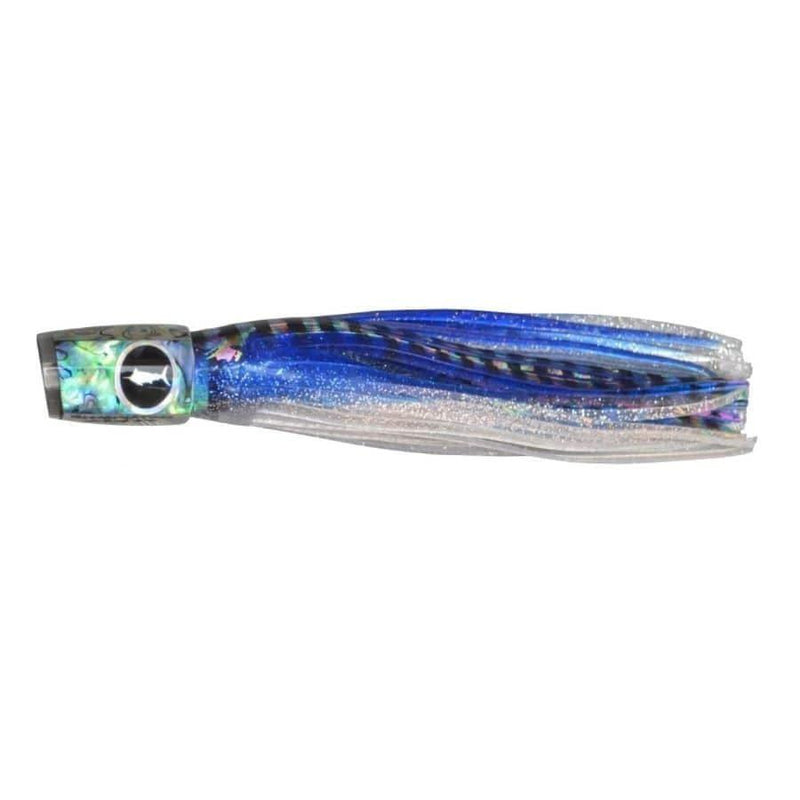 Bluewater Skirt 10" Plunger Bl/Blk/Silv lure with blue and silver silicone skirt for saltwater fishing.