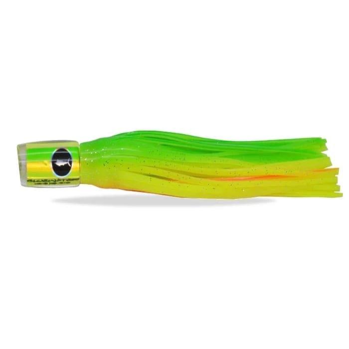 BluewaterSkirt Plunger-CH/OR lure showing bright green and yellow silicone skirt with unique head design.