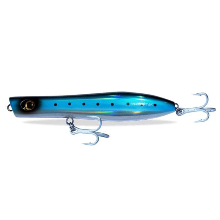 Bluewater Rocket Popper 163 Blue Pillie lure with hooks, showcasing shimmering blue design for versatile fishing.