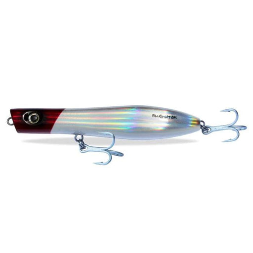 Bluewater Rocket Popper 163 Red Head lure with a shimmering finish and dual treble hooks.