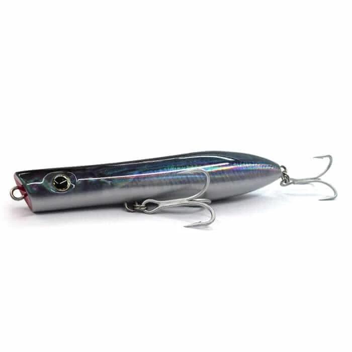 Bluewater Rocket Popper 163 Saury - metallic fishing lure with sharp hooks for saltwater fishing.