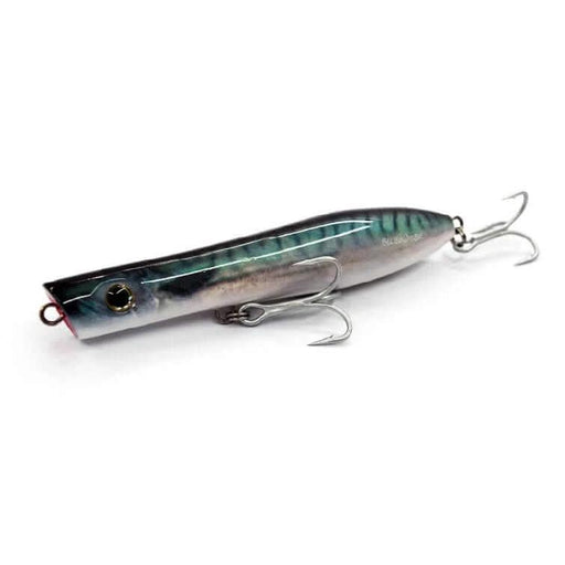 Bluewater Rocket Popper 163 Slimy Mackerel fishing lure with silver and blue design.