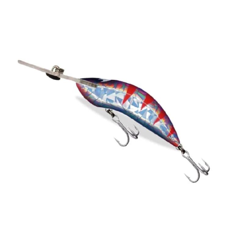 Classic Dr Evil Purple Mullet Dazzler fishing lure with oversized bib for deep diving, featuring vibrant colors and treble hooks.