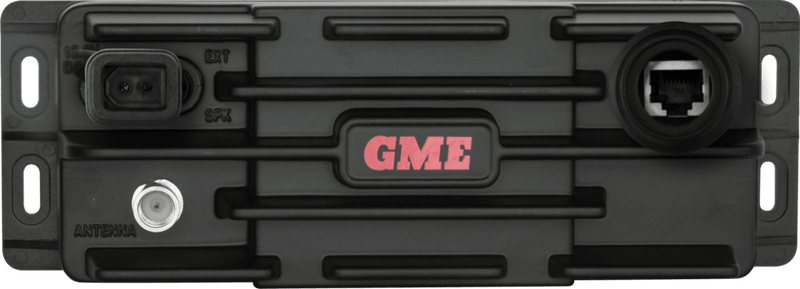GME Black Box VHF - Black showing front panel connections of the GX750B VHF Marine Radio.