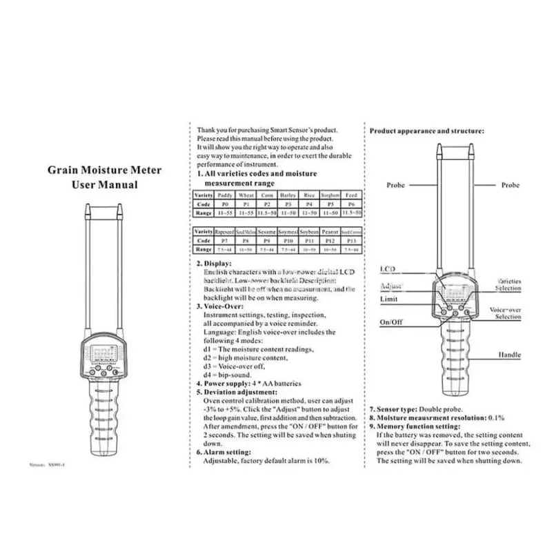 Grain Moisture Meter - For Corn Wheat Rice Bean Wheat Flour Fodder Rapeseed by 9eight5