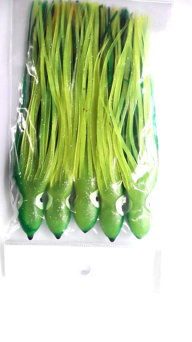 Octopus Skirt 6"  Green/Yellow  5pk - Set of five soft, action-packed green/yellow skirts for fishing rigs.