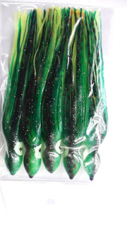 Octopus Skirt 6"  Green/Yellow  5pk - Pack of five green and yellow octopus skirts, ideal for fishing, featuring soft, strong material.