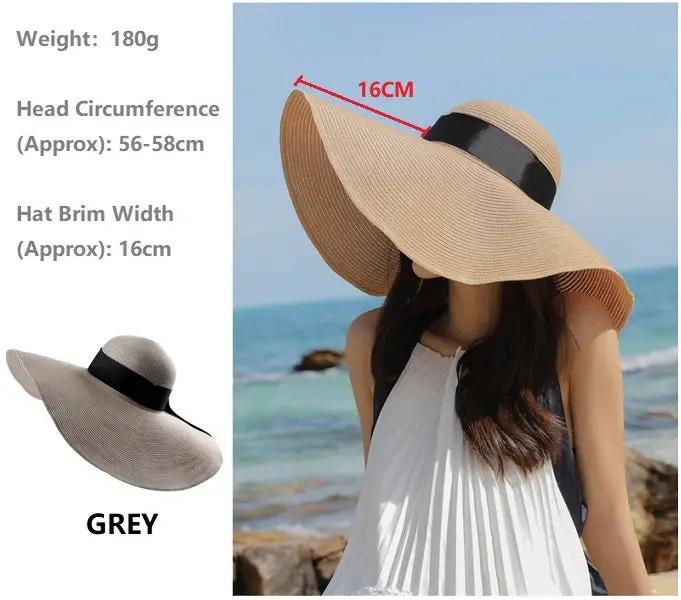 GREY- 16cm Wide Brim Women Lady Sun Straw Hat Floppy Derby Summer Beach Cap by dealonline.co.nz