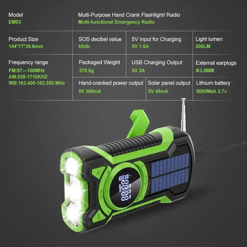 Hand Crank Solar Emergency Radio with Bluetooth 5.3 by Habicare