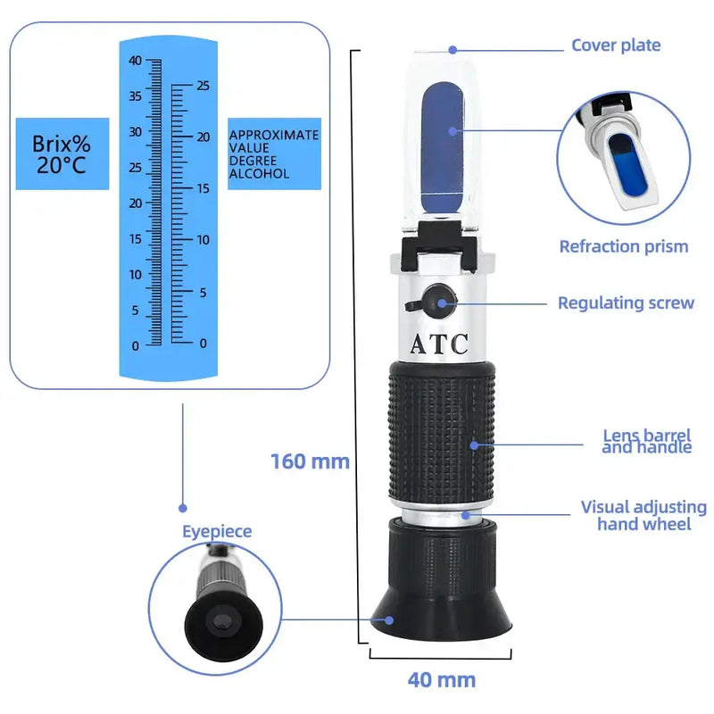 Handheld 0–40% Sugar & 0–25% Alcohol Refractometer (available with or without box) by Habicare