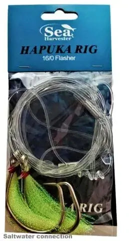 Hapuka Rig 16/0 Flasher Chartreuse package featuring stainless steel hooks and fishing line.