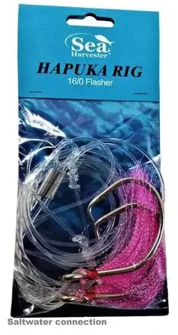Hapuka Rig 16/0 Flasher Pink with stainless steel hooks and heavy-duty crimps for deepwater fishing.
