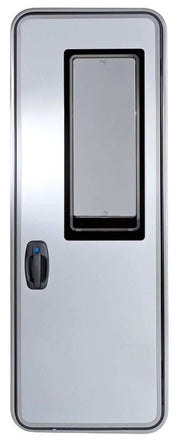 Metallic Silver Door Flyscreen Right Hinged featuring a sleek design with a window blind and central locking mechanism.