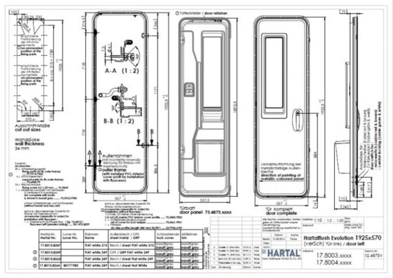 White Door & Flyscreen Left Hinged Fiat White (210) Incl. technical drawing and dimensions of Hartal entrance door.