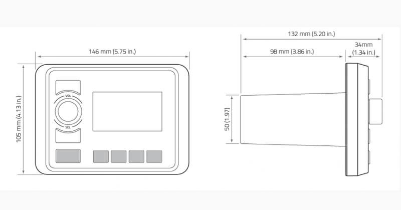 Marine audio source unit Hertz Audio - HMR 20 dimensions and design blueprint drawing.