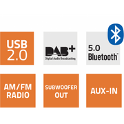 Features of Hertz audio pack marine speakers including USB 2.0, Bluetooth 5.0, AM/FM radio, and AUX-IN.