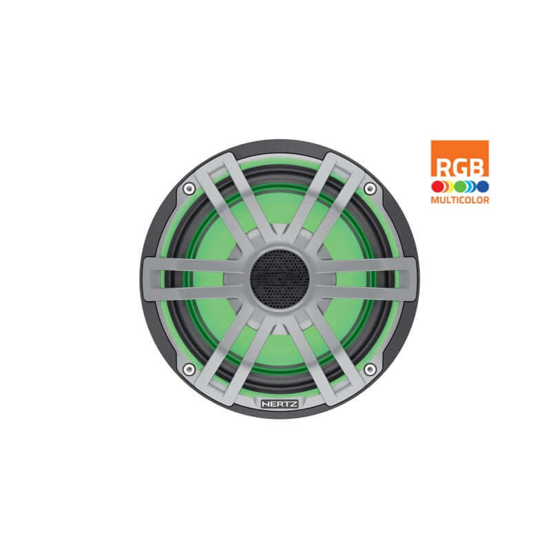 Hertz audio pack marine speakers with LED featuring vibrant green lighting and stylish design.