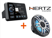 Hertz marine audio pack HMR20 + Black Premium LED Speakers showcasing the head unit and speaker for premium sound on the water.