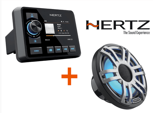 Hertz marine audio pack HMR20 + Black Premium LED Speakers showcasing the head unit and speaker for premium sound on the water.