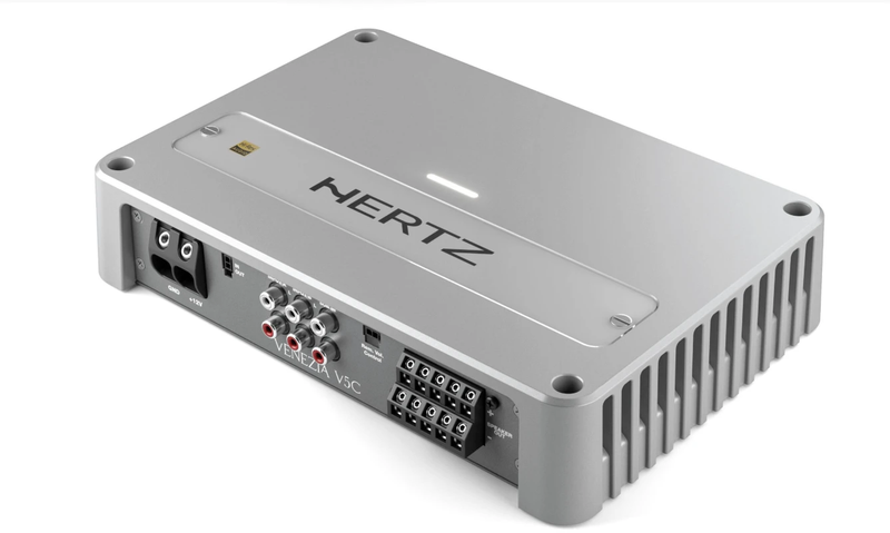 Hertz Venezia V5C marine amplifier showing inputs and compact design for premium audio performance.