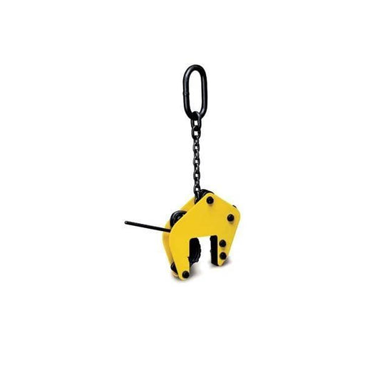 Camlok Wide Jaw Vertical Clamp 0.75TWLL 0-100mm product image showing yellow clamp with chain.