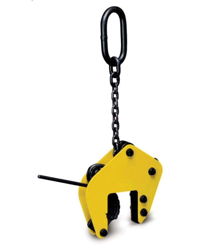 Camlok Wide Jaw Vertical Clamp 2.0TWLL 0-100mm hanging in yellow with chain and hook.