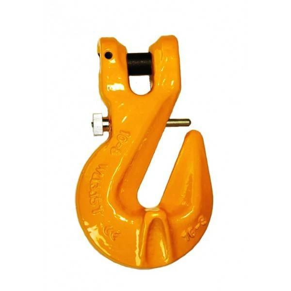 Loc Pin Grab Hook - SLR G80 Clevis 16mm 8T image showing yellow hook with cradle support for load chain.