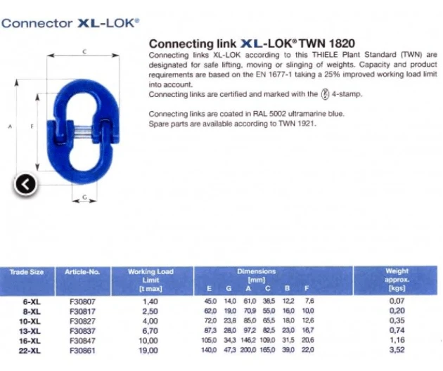 Connector G100 - THIELE TWN1820 XL 22mm 19T specifications and features including working limits and dimensions.
