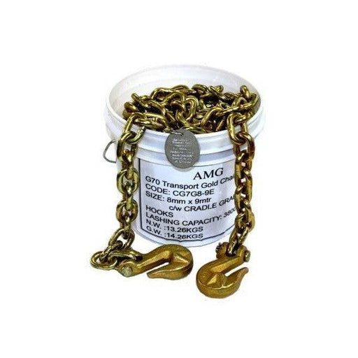 Transport Chain 12kg 7.3mm x 9m Set with Cradle Grab Hooks in a container, compliant with NZ LTSA Truck Loading Code.
