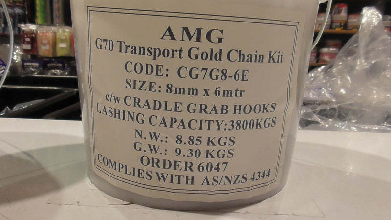 Transport Chain 9kg 8.0mm x 6m Set with cradle grab hooks and lashing capacity details