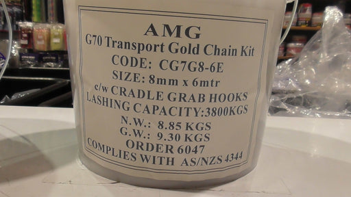 Transport Chain 9kg 8.0mm x 6m Set with cradle grab hooks and lashing capacity details