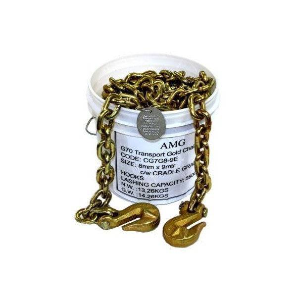 Transport Chain 9kg 8.0mm x 6m Set with cradle grab hooks and batch I.D. tag for compliance and safety.