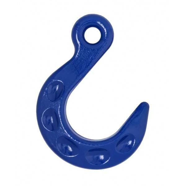 Foundry Hook - Thiele G100 Eye Type 10mm 4T, blue steel hook with eye for lifting applications.