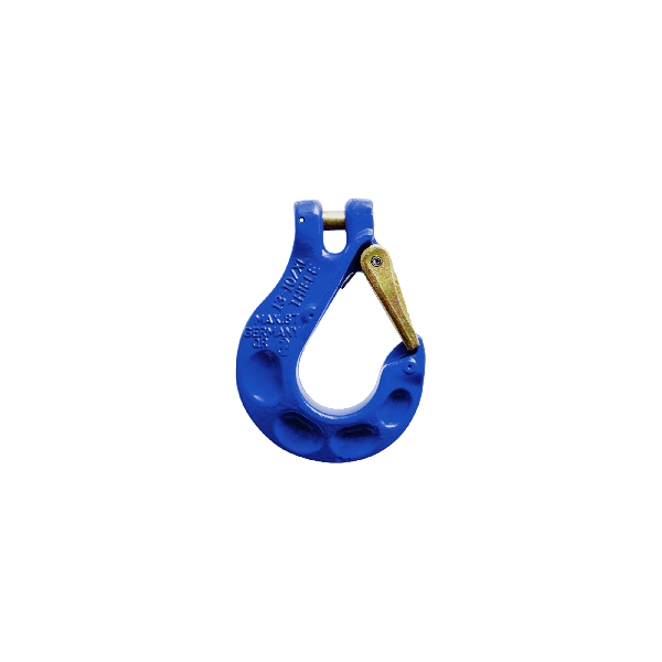 Sling Hook G100 - Thiele XL Clevis 8mm 2.5T shown in blue with gold latch, made in Germany, compliant with DIN17115 standards.