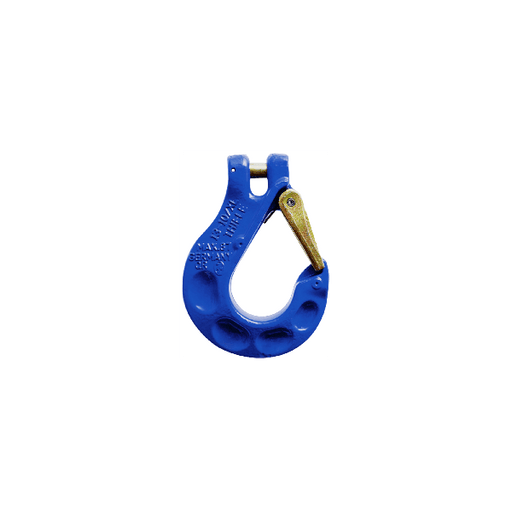 Sling Hook G100 - Thiele XL Clevis 8mm 2.5T shown in blue with gold latch, made in Germany, compliant with DIN17115 standards.