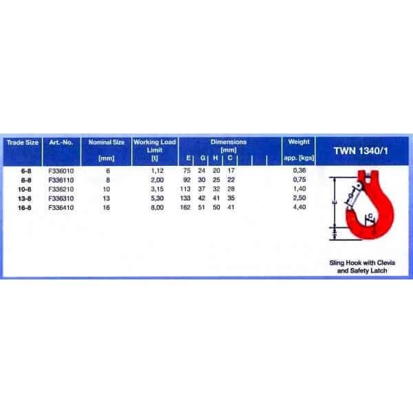 Sling Hook - Thiele TWN 1340 Clevis 16mm 8T specifications and dimensions table.