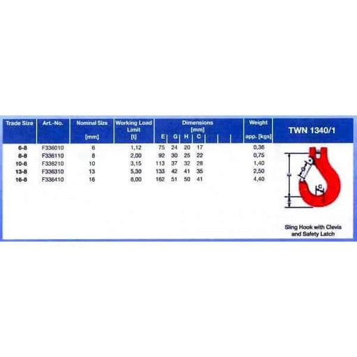 Sling Hook - Thiele TWN 1340 Clevis 16mm 8T specifications and dimensions table.